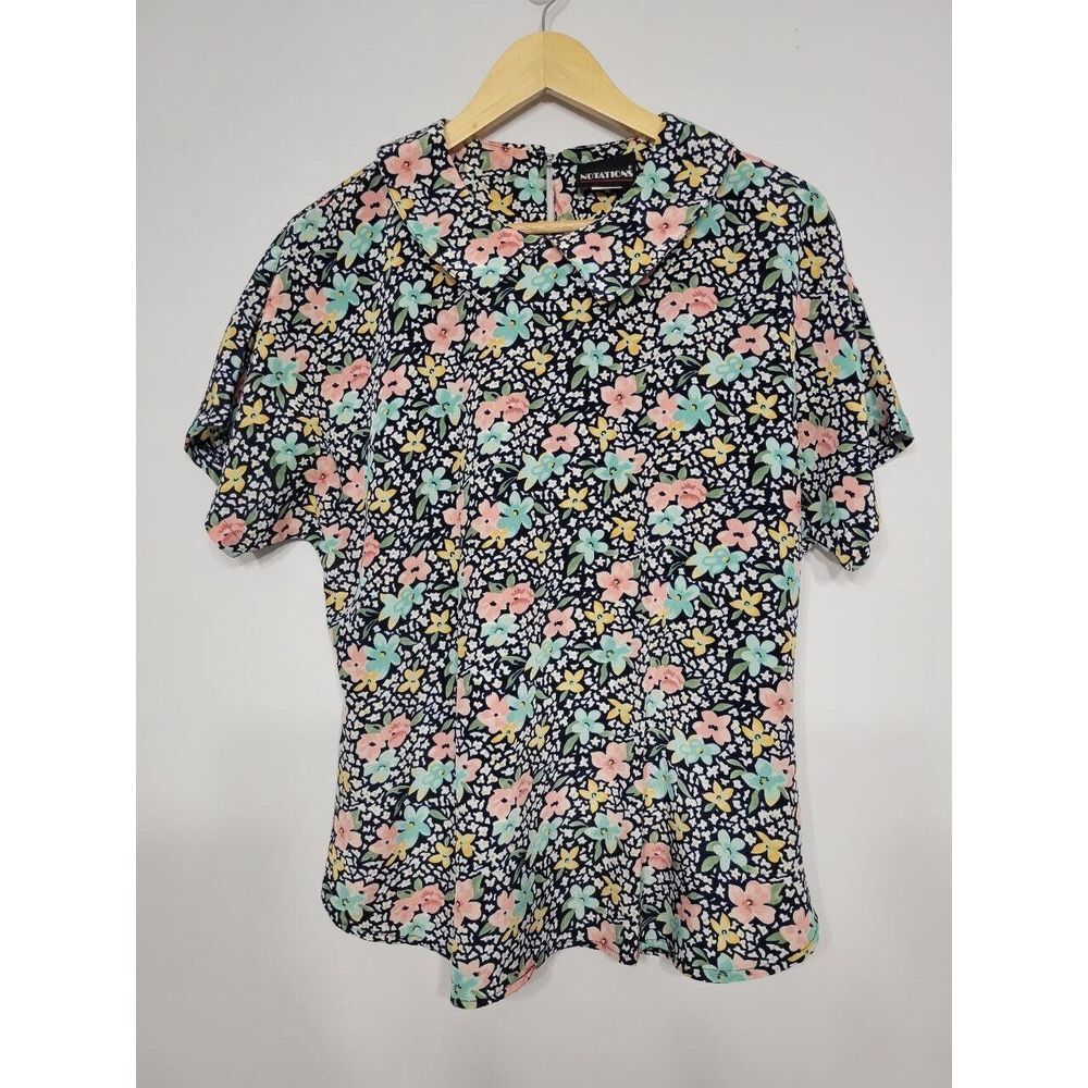 Notations Vintage Floral Collar Short Sleeve Blouse Size 12‎ Large